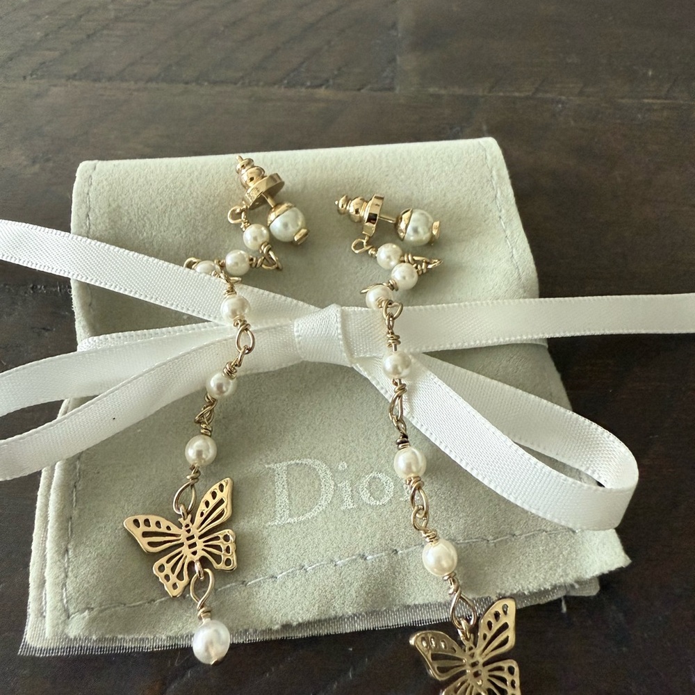 Dior Gold Butterfly and Pearl Drop Earrings